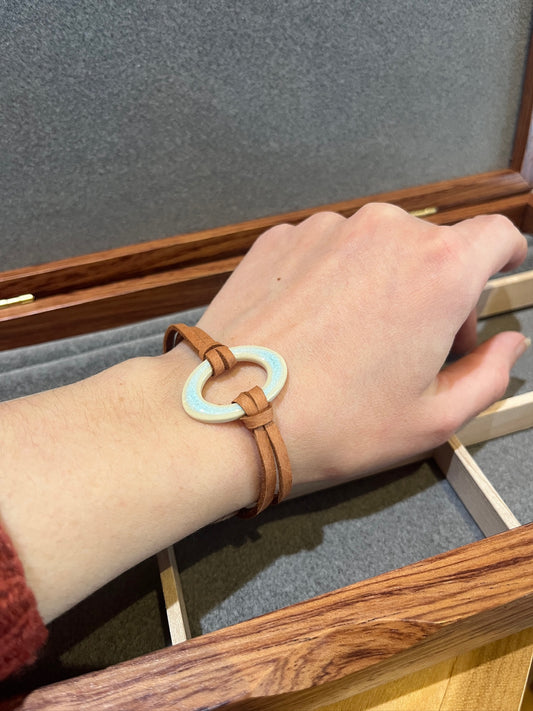 B20 Small Oval Ceramic and Leather Bracelet by Kim Krumrey