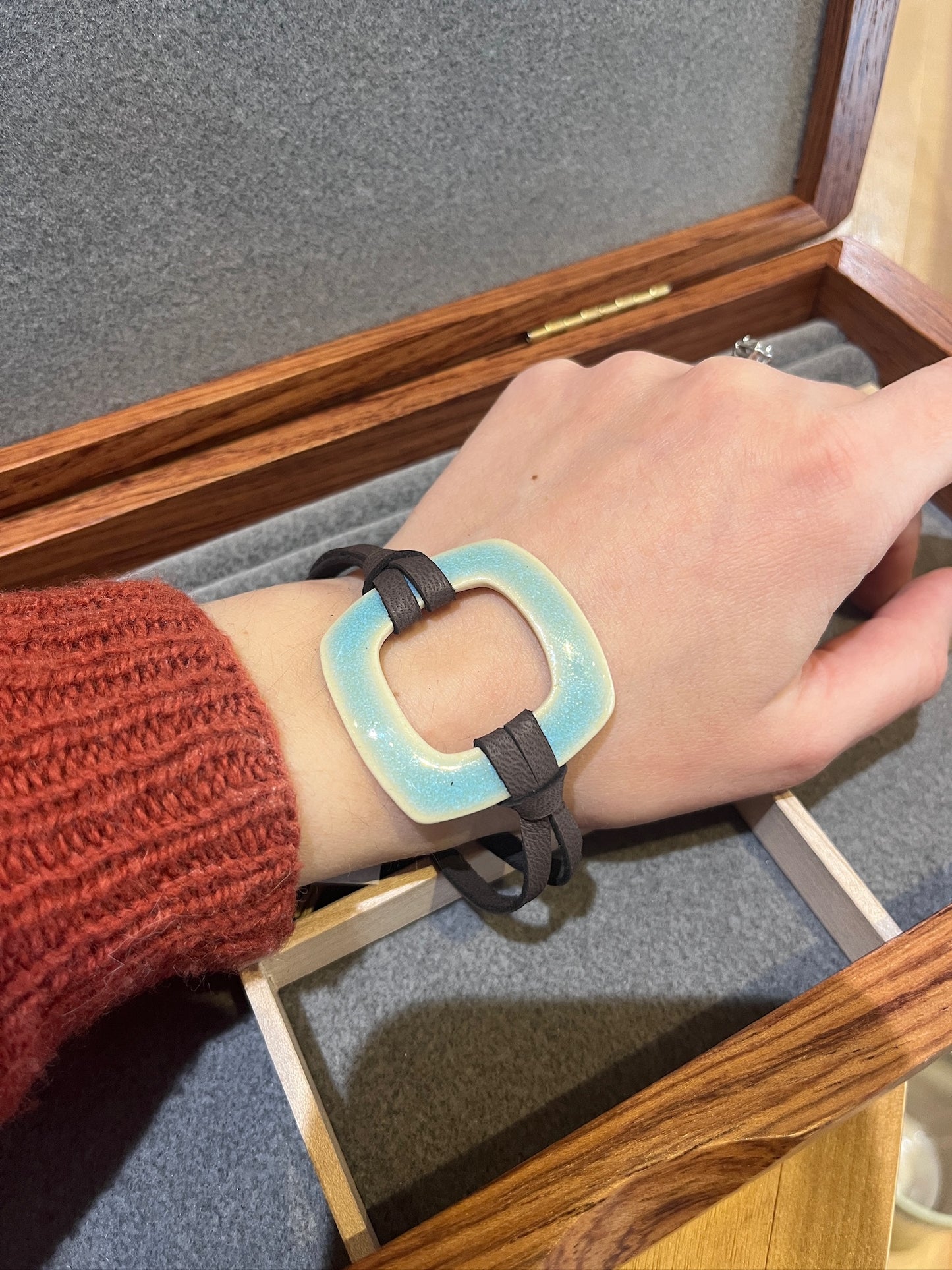 B3 Large Square Ceramic and Leather Bracelet by Kim Krumrey