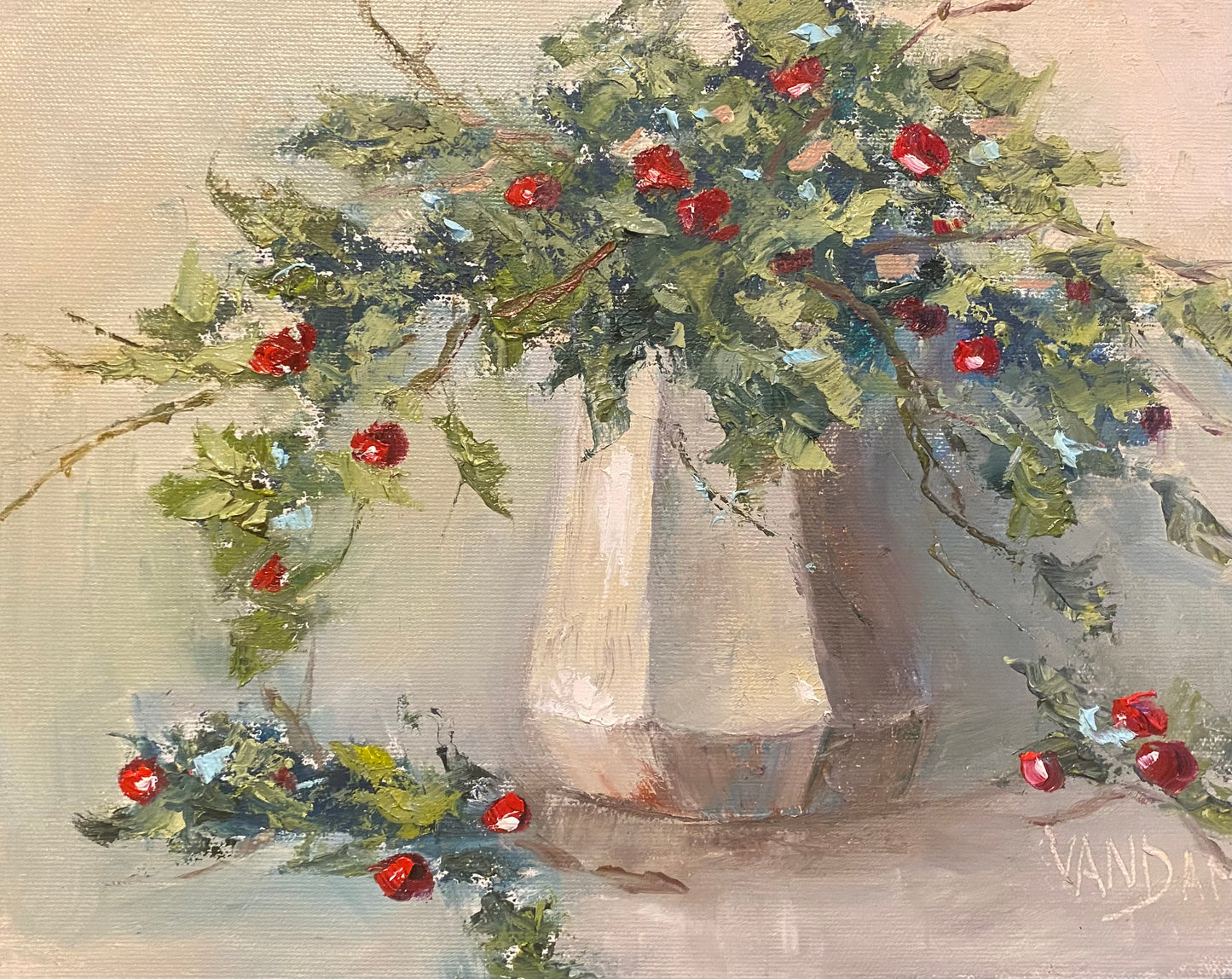 Holly and White Vase by Karen Van Dam Michmerhuizen