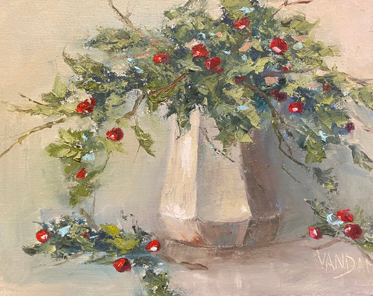 Holly and White Vase by Karen Van Dam Michmerhuizen