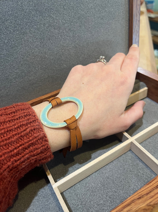 B4 Large Oval Ceramic and Leather Bracelet by Kim Krumrey