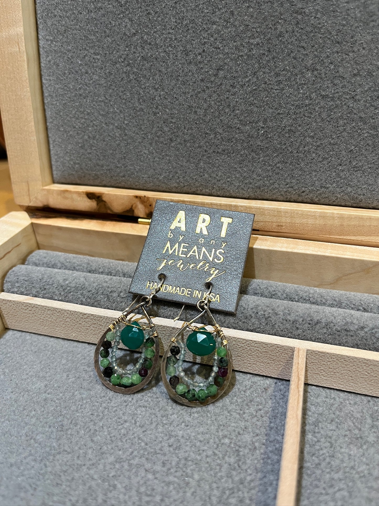 E77835 Green Onyx Drop Earrings by Art by Any Means